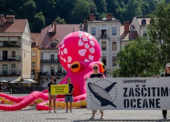 Ljubljana: Greenpeace s hobotnico opozarja na nujnost zaščite oceanov (FOTO)